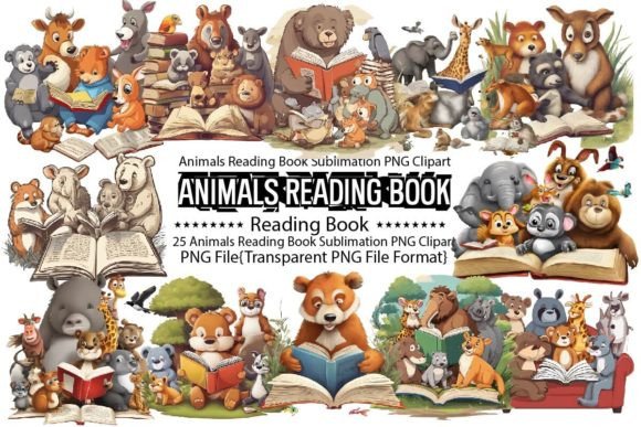 Animals Reading Book Sublimation Bundle: Graphics & Print Templates