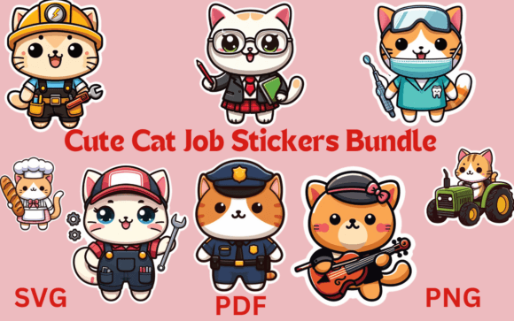 Cute Cat Job Stickers Bundle: Graphics & Print Templates