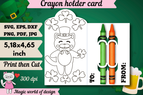 St Patrick's Cat Clover Coloring Card Graphics
